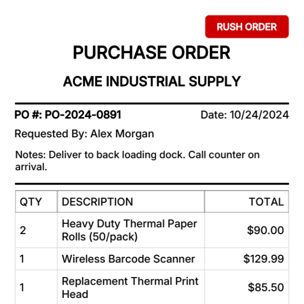 Thermal POS Purchase Order preview