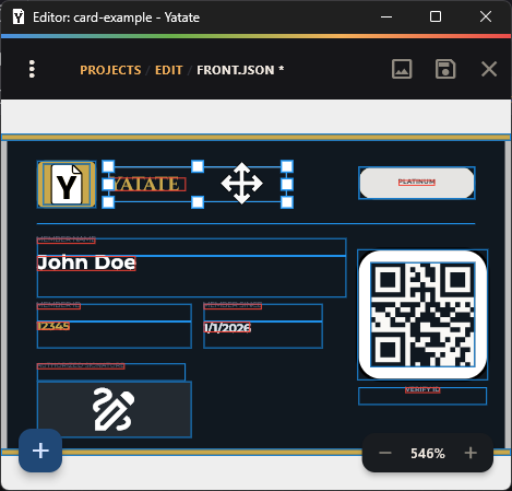 The Yatate overlay editor with the logo block selected, ready to resize and reposition.