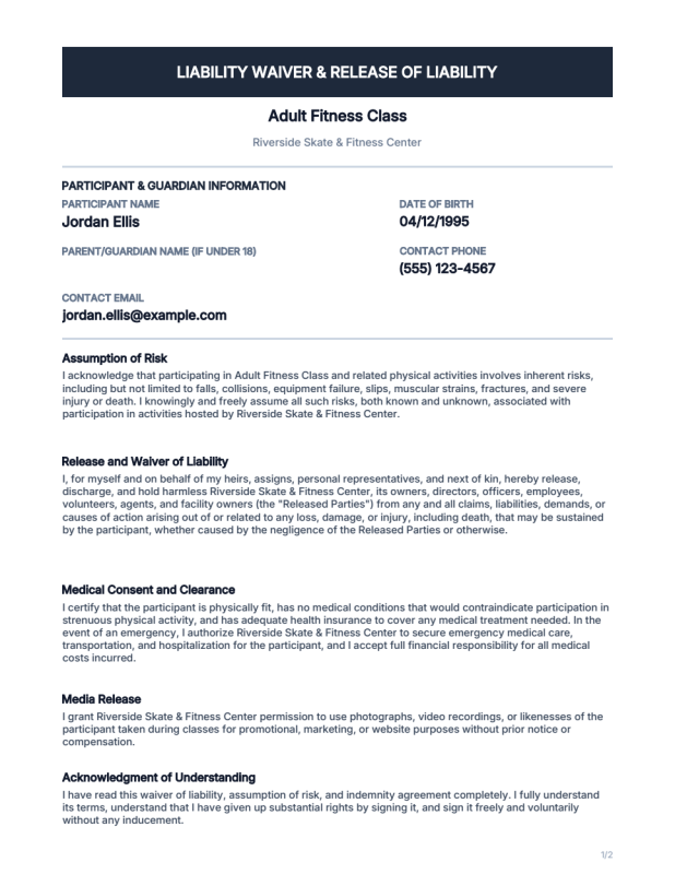 Liability Waiver preview page 1