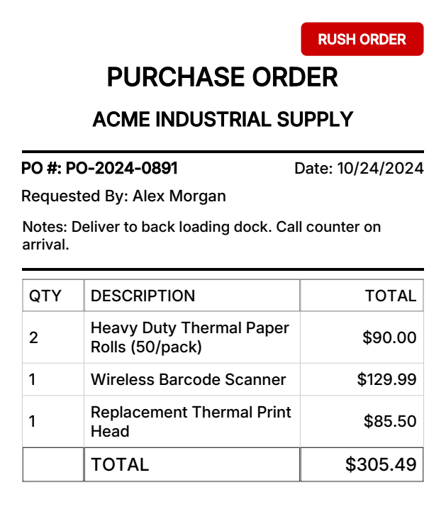 Thermal POS Purchase Order preview